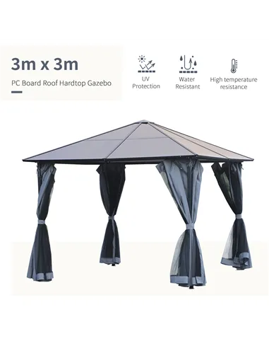 Outsunny 3m x 3m Hardtop Metal Frame Mesh Draped Gazebo Black