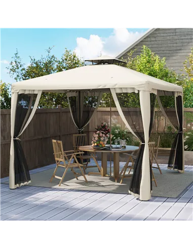 Outsunny Outdoor Gazebo, 2-tier Roof W/Netting, 295L x 295W x 263Hcm-Taupe