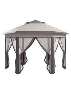 Outsunny 3 x 4m Garden Gazebo Hexagon Pop Up Gazebo Party Tent Canopy Double Roof Instant Shelter with Netting and Carry Bag for