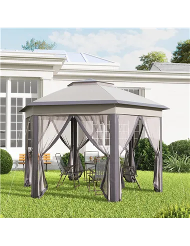 Outsunny 3 x 4m Garden Gazebo Hexagon Pop Up Gazebo Party Tent Canopy Double Roof Instant Shelter with Netting and Carry Bag for
