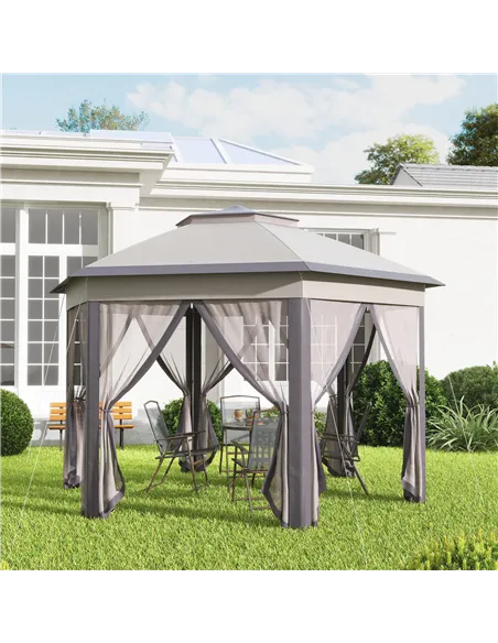Outsunny 3 x 4m Garden Gazebo Hexagon Pop Up Gazebo Party Tent Canopy Double Roof Instant Shelter with Netting and Carry Bag for