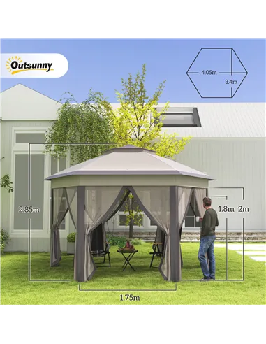 Outsunny 3 x 4m Garden Gazebo Hexagon Pop Up Gazebo Party Tent Canopy Double Roof Instant Shelter with Netting and Carry Bag for