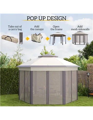 Outsunny 3 x 4m Garden Gazebo Hexagon Pop Up Gazebo Party Tent Canopy Double Roof Instant Shelter with Netting and Carry Bag for