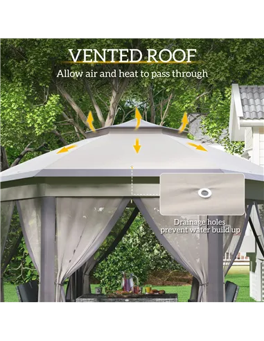 Outsunny 3 x 4m Garden Gazebo Hexagon Pop Up Gazebo Party Tent Canopy Double Roof Instant Shelter with Netting and Carry Bag for
