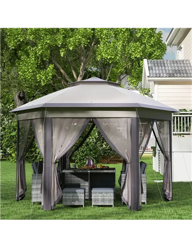 Outsunny 3 x 4m Garden Gazebo Hexagon Pop Up Gazebo Party Tent Canopy Double Roof Instant Shelter with Netting and Carry Bag for