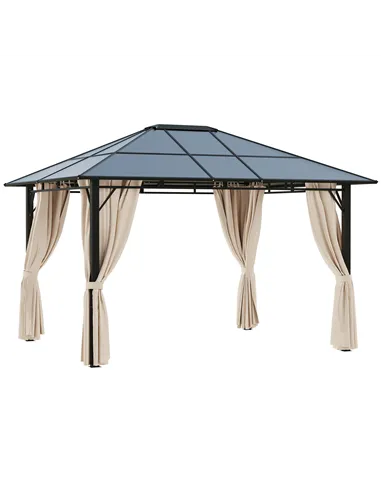 Outsunny 3 x 3.6m Hardtop Gazebo Canopy with Polycarbonate Roof Garden Pavilion with Removable Curtains and Steel Frame, Brown