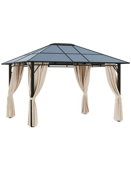 Outsunny 3 x 3.6m Hardtop Gazebo Canopy with Polycarbonate Roof Garden Pavilion with Removable Curtains and Steel Frame, Brown