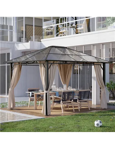 Outsunny 3 x 3.6m Hardtop Gazebo Canopy with Polycarbonate Roof Garden Pavilion with Removable Curtains and Steel Frame, Brown