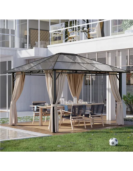 Outsunny 3 x 3.6m Hardtop Gazebo Canopy with Polycarbonate Roof Garden Pavilion with Removable Curtains and Steel Frame, Brown