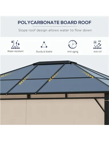 Outsunny 3 x 3.6m Hardtop Gazebo Canopy with Polycarbonate Roof Garden Pavilion with Removable Curtains and Steel Frame, Brown
