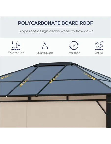 Outsunny 3 x 3.6m Hardtop Gazebo Canopy with Polycarbonate Roof Garden Pavilion with Removable Curtains and Steel Frame, Brown