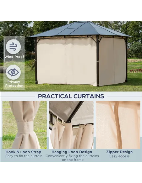 Outsunny 3 x 3.6m Hardtop Gazebo Canopy with Polycarbonate Roof Garden Pavilion with Removable Curtains and Steel Frame, Brown