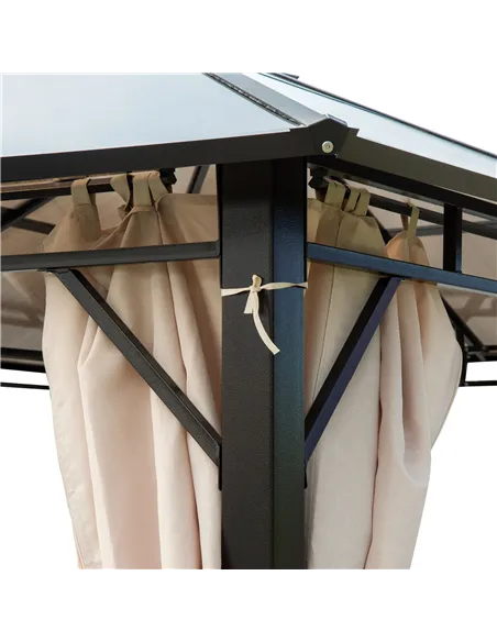 Outsunny 3 x 3.6m Hardtop Gazebo Canopy with Polycarbonate Roof Garden Pavilion with Removable Curtains and Steel Frame, Brown