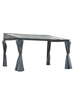 Outsunny 4 x 3(m) Outdoor Hardtop Gazebo with Curtains, Lean to Aluminium Pergola with Polycarbonate Roof, Garden Pavilion Sun S