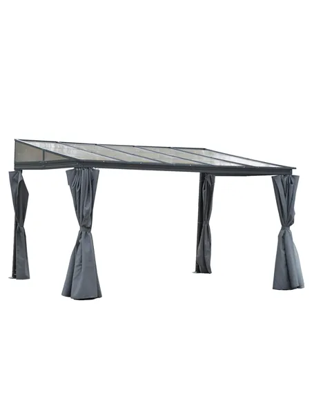 Outsunny 4 x 3(m) Outdoor Hardtop Gazebo with Curtains, Lean to Aluminium Pergola with Polycarbonate Roof, Garden Pavilion Sun S