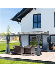 Outsunny 4 x 3(m) Outdoor Hardtop Gazebo with Curtains, Lean to Aluminium Pergola with Polycarbonate Roof, Garden Pavilion Sun S 2