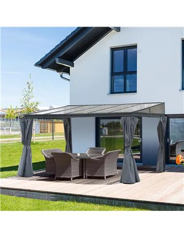 Outsunny 4 x 3(m) Outdoor Hardtop Gazebo with Curtains, Lean to Aluminium Pergola with Polycarbonate Roof, Garden Pavilion Sun S