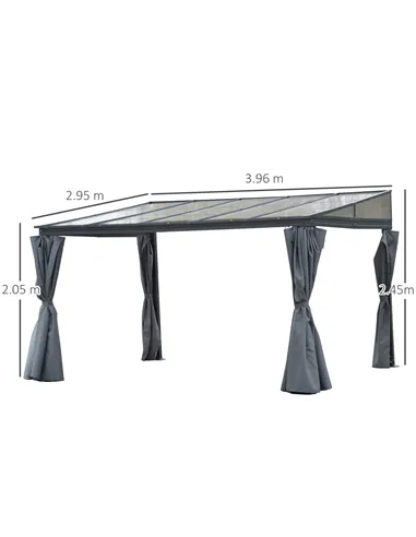 Outsunny 4 x 3(m) Outdoor Hardtop Gazebo with Curtains, Lean to Aluminium Pergola with Polycarbonate Roof, Garden Pavilion Sun S