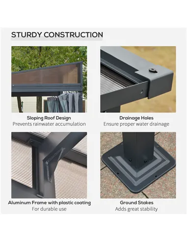 Outsunny 4 x 3(m) Outdoor Hardtop Gazebo with Curtains, Lean to Aluminium Pergola with Polycarbonate Roof, Garden Pavilion Sun S