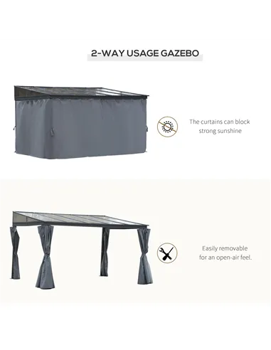 Outsunny 4 x 3(m) Outdoor Hardtop Gazebo with Curtains, Lean to Aluminium Pergola with Polycarbonate Roof, Garden Pavilion Sun S