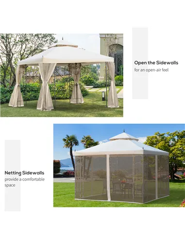 Outsunny 3(M)x3(M) Garden Gazebo Double Top Outdoor Canopy Patio Event Party Wedding Tent Backyard Sun Shade with Netting - Crea