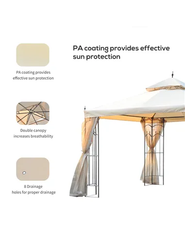 Outsunny 3(M)x3(M) Garden Gazebo Double Top Outdoor Canopy Patio Event Party Wedding Tent Backyard Sun Shade with Netting - Crea