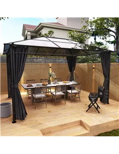 Outsunny 3 x 3(m) Hardtop Gazebo Canopy with Polycarbonate Roof, Permanent Pavilion Garden Gazebo with Curtains for Patio, Deck, 2