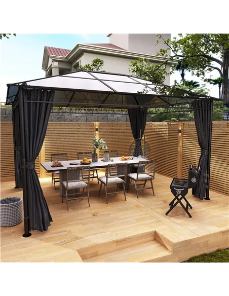 Outsunny 3 x 3(m) Hardtop Gazebo Canopy with Polycarbonate Roof, Permanent Pavilion Garden Gazebo with Curtains for Patio, Deck,