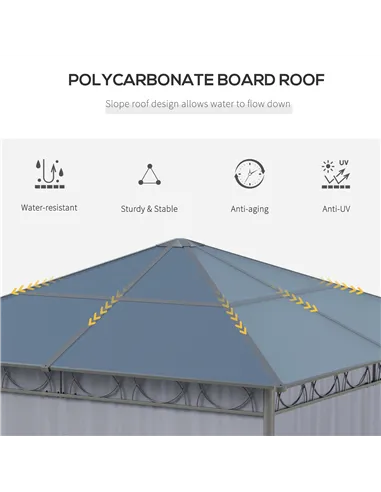 Outsunny 3 x 3(m) Hardtop Gazebo Canopy with Polycarbonate Roof, Permanent Pavilion Garden Gazebo with Curtains for Patio, Deck,