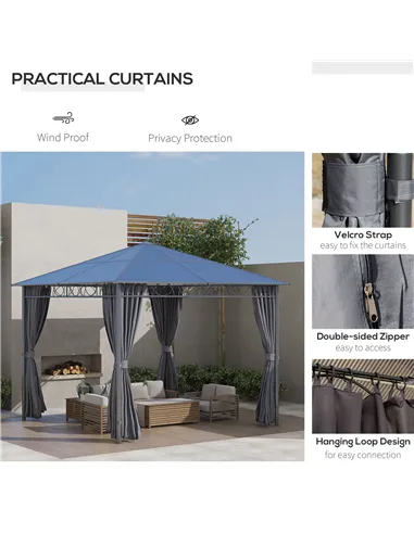 Outsunny 3 x 3(m) Hardtop Gazebo Canopy with Polycarbonate Roof, Permanent Pavilion Garden Gazebo with Curtains for Patio, Deck,