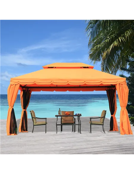 Outsunny 4 x 3 m Aluminum Garden Gazebo, Double Roof Outdoor Gazebo Canopy Shelter with Netting & Curtains for Garden, Lawn, Bac