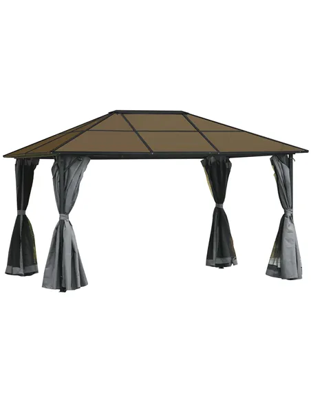 Outsunny 3 x 4m Hardtop Gazebo Canopy with Polycarbonate Roof, Aluminium Frame, Permanent Pavilion Garden Gazebo with Netting an