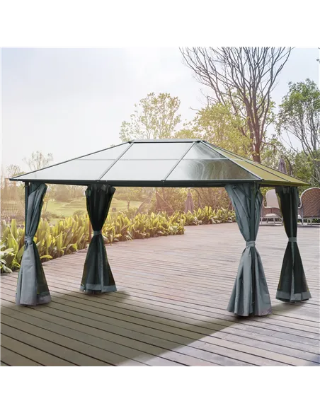 Outsunny 3 x 4m Hardtop Gazebo Canopy with Polycarbonate Roof, Aluminium Frame, Permanent Pavilion Garden Gazebo with Netting an