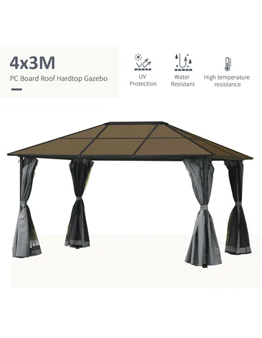 Outsunny 3 x 4m Hardtop Gazebo Canopy with Polycarbonate Roof, Aluminium Frame, Permanent Pavilion Garden Gazebo with Netting an