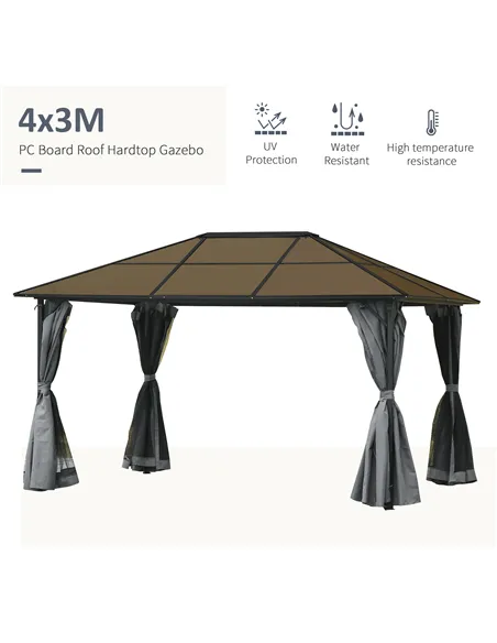 Outsunny 3 x 4m Hardtop Gazebo Canopy with Polycarbonate Roof, Aluminium Frame, Permanent Pavilion Garden Gazebo with Netting an