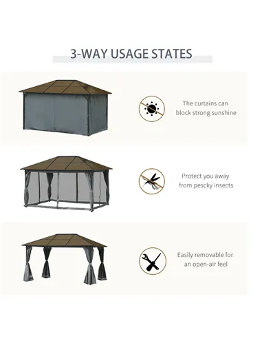 Outsunny 3 x 4m Hardtop Gazebo Canopy with Polycarbonate Roof, Aluminium Frame, Permanent Pavilion Garden Gazebo with Netting an