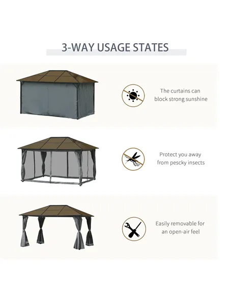 Outsunny 3 x 4m Hardtop Gazebo Canopy with Polycarbonate Roof, Aluminium Frame, Permanent Pavilion Garden Gazebo with Netting an