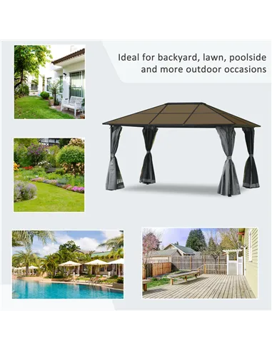 Outsunny 3 x 4m Hardtop Gazebo Canopy with Polycarbonate Roof, Aluminium Frame, Permanent Pavilion Garden Gazebo with Netting an