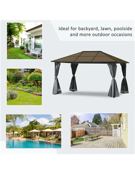 Outsunny 3 x 4m Hardtop Gazebo Canopy with Polycarbonate Roof, Aluminium Frame, Permanent Pavilion Garden Gazebo with Netting an
