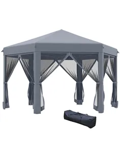 Outsunny 3.8m x 3.2m Pop Up Gazebo Hexagonal Canopy Tent Outdoor Sun Protection with 6 Mesh Sidewalls, Hand Bag, Grey