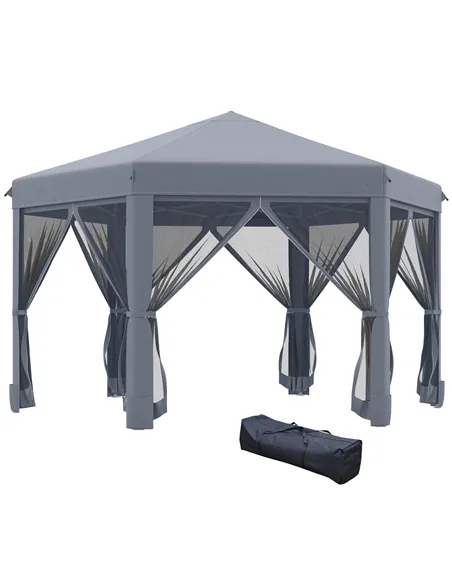 Outsunny 3.8m x 3.2m Pop Up Gazebo Hexagonal Canopy Tent Outdoor Sun Protection with 6 Mesh Sidewalls, Hand Bag, Grey