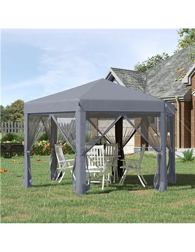 Outsunny 3.8m x 3.2m Pop Up Gazebo Hexagonal Canopy Tent Outdoor Sun Protection with 6 Mesh Sidewalls, Hand Bag, Grey