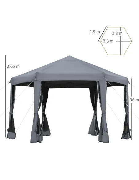 Outsunny 3.8m x 3.2m Pop Up Gazebo Hexagonal Canopy Tent Outdoor Sun Protection with 6 Mesh Sidewalls, Hand Bag, Grey