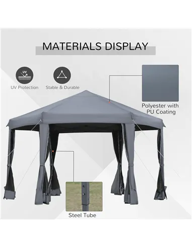 Outsunny 3.8m x 3.2m Pop Up Gazebo Hexagonal Canopy Tent Outdoor Sun Protection with 6 Mesh Sidewalls, Hand Bag, Grey