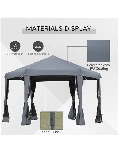 Outsunny 3.8m x 3.2m Pop Up Gazebo Hexagonal Canopy Tent Outdoor Sun Protection with 6 Mesh Sidewalls, Hand Bag, Grey