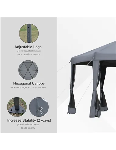 Outsunny 3.8m x 3.2m Pop Up Gazebo Hexagonal Canopy Tent Outdoor Sun Protection with 6 Mesh Sidewalls, Hand Bag, Grey