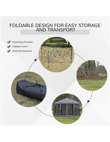 Outsunny 3.8m x 3.2m Pop Up Gazebo Hexagonal Canopy Tent Outdoor Sun Protection with 6 Mesh Sidewalls, Hand Bag, Grey