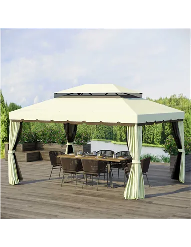 Outsunny 4 x 3 m Aluminum Garden Gazebo, Double Roof Outdoor Gazebo Canopy Shelter with Netting & Curtains for Garden, Lawn, Bac