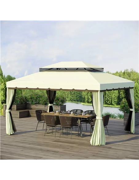 Outsunny 4 x 3 m Aluminum Garden Gazebo, Double Roof Outdoor Gazebo Canopy Shelter with Netting & Curtains for Garden, Lawn, Bac