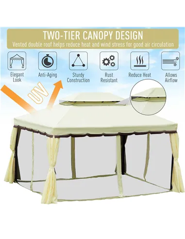Outsunny 4 x 3 m Aluminum Garden Gazebo, Double Roof Outdoor Gazebo Canopy Shelter with Netting & Curtains for Garden, Lawn, Bac